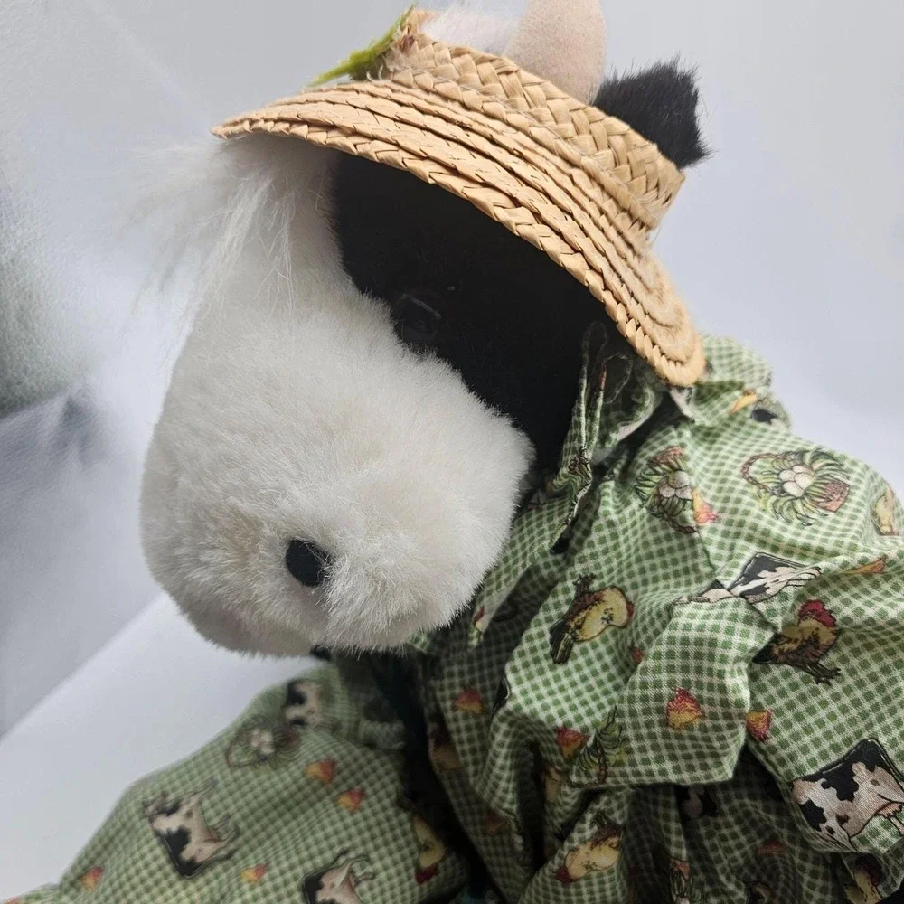 Vintage Joelson Industries Cow Plush Stuffed Animal Toy Medium Green Straw Hat